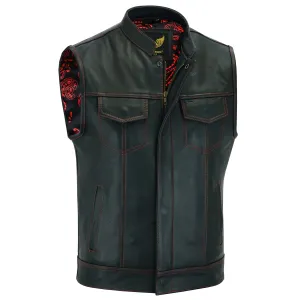 Leatherick Men Red Stitch Leather Biker Vest With Paisley Liner