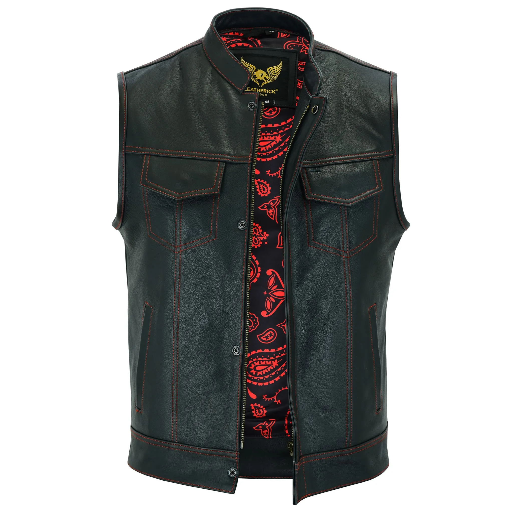 Leatherick Men Red Stitch Leather Biker Vest With Paisley Liner