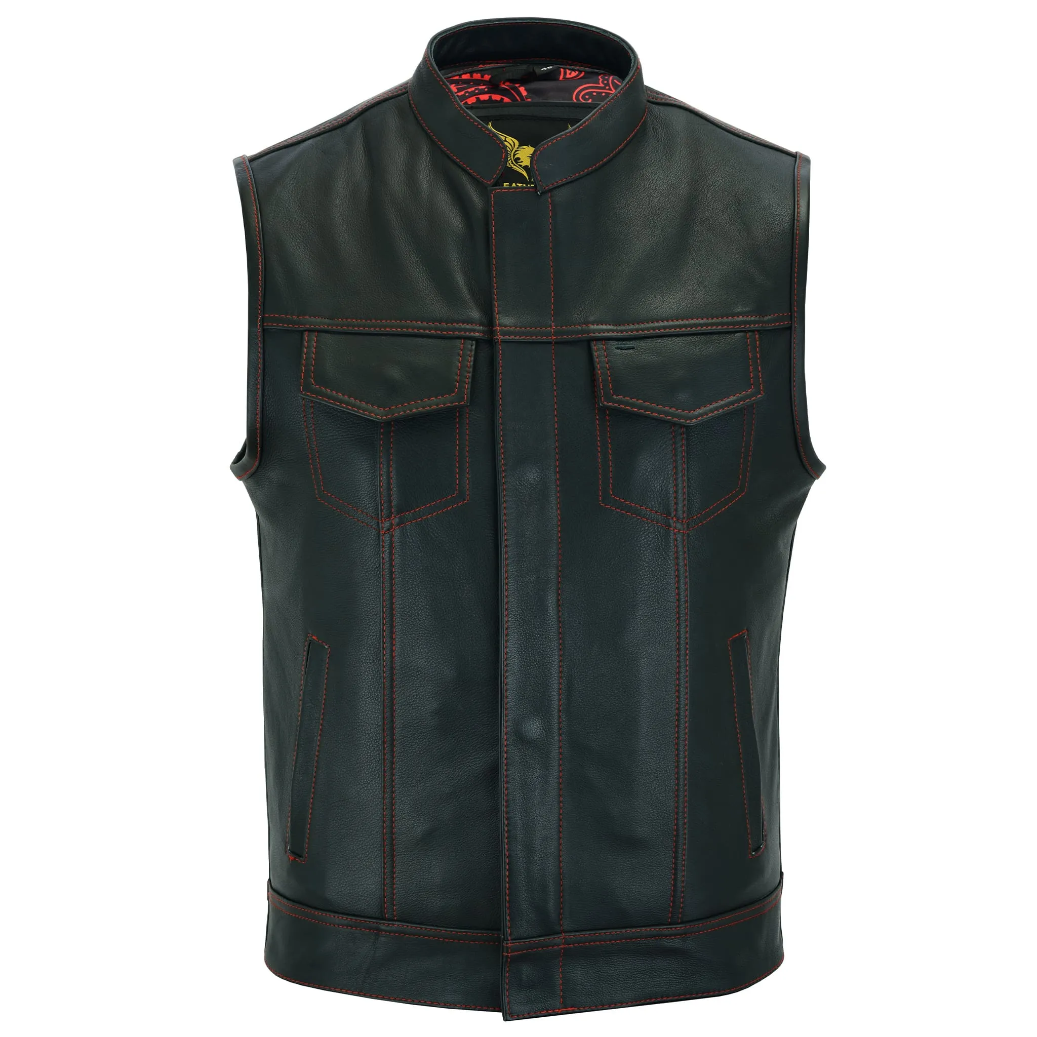 Leatherick Men Red Stitch Leather Biker Vest With Paisley Liner