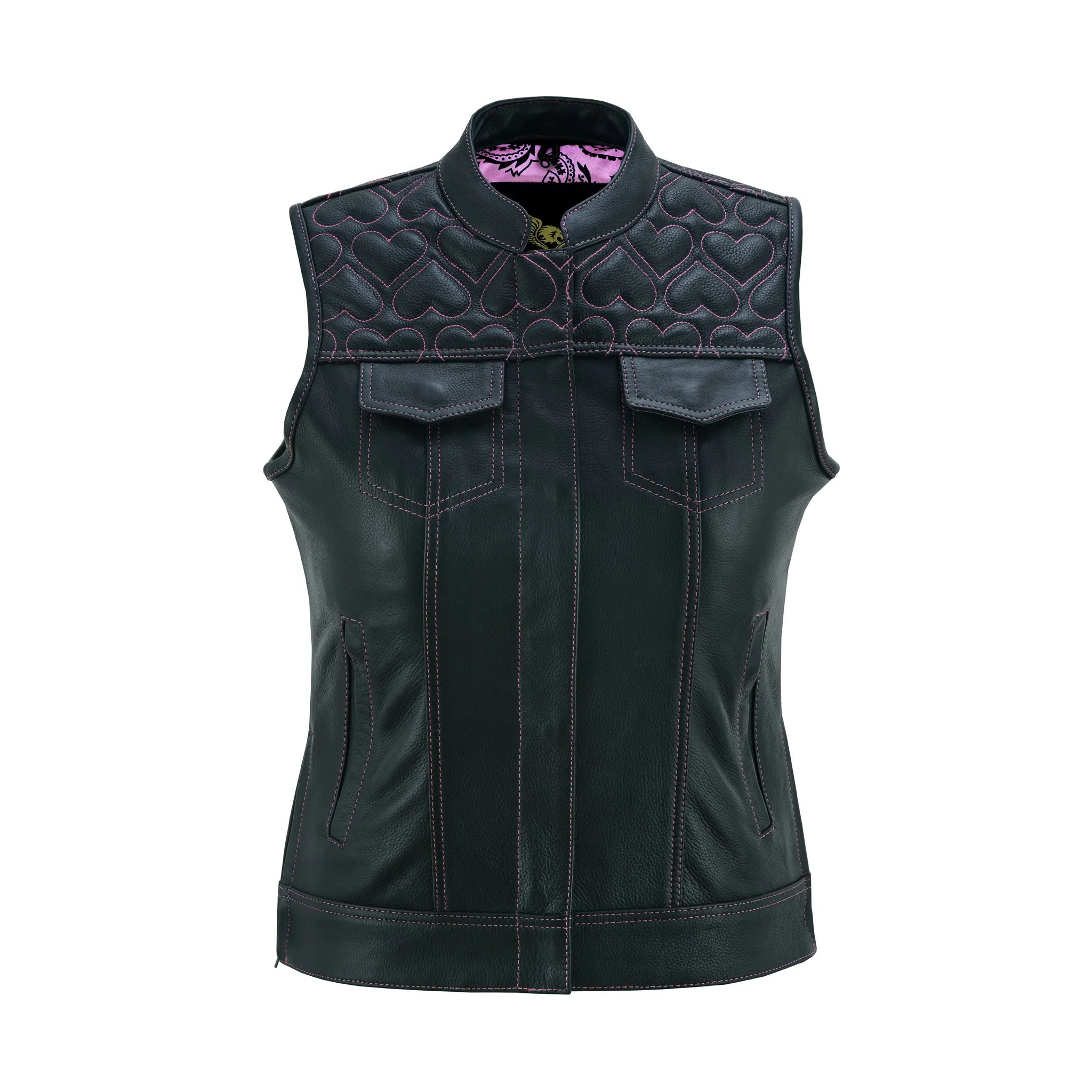 Leatherick Womens SOA club vest with Pink Heart Stitch