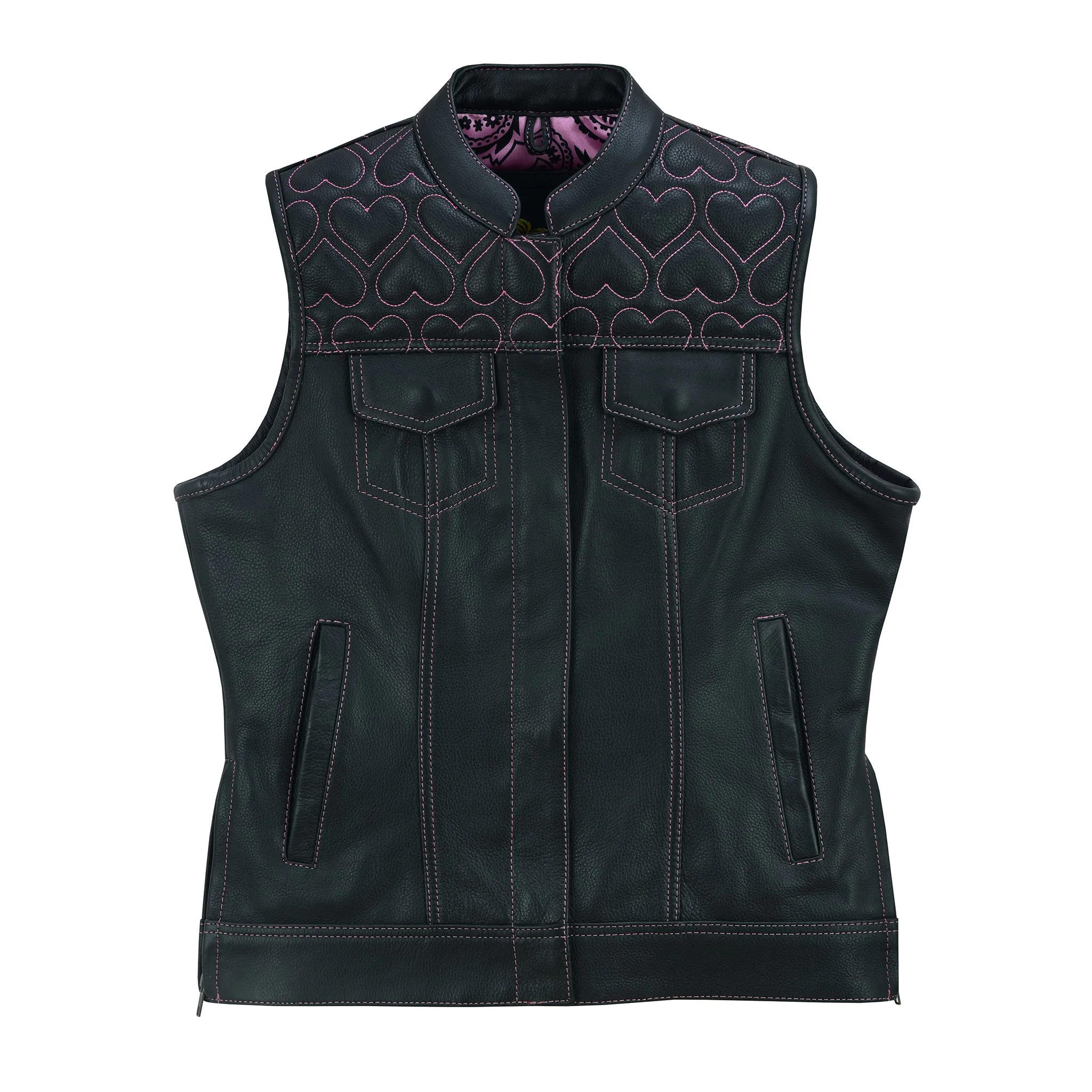 Leatherick Womens SOA club vest with Pink Heart Stitch