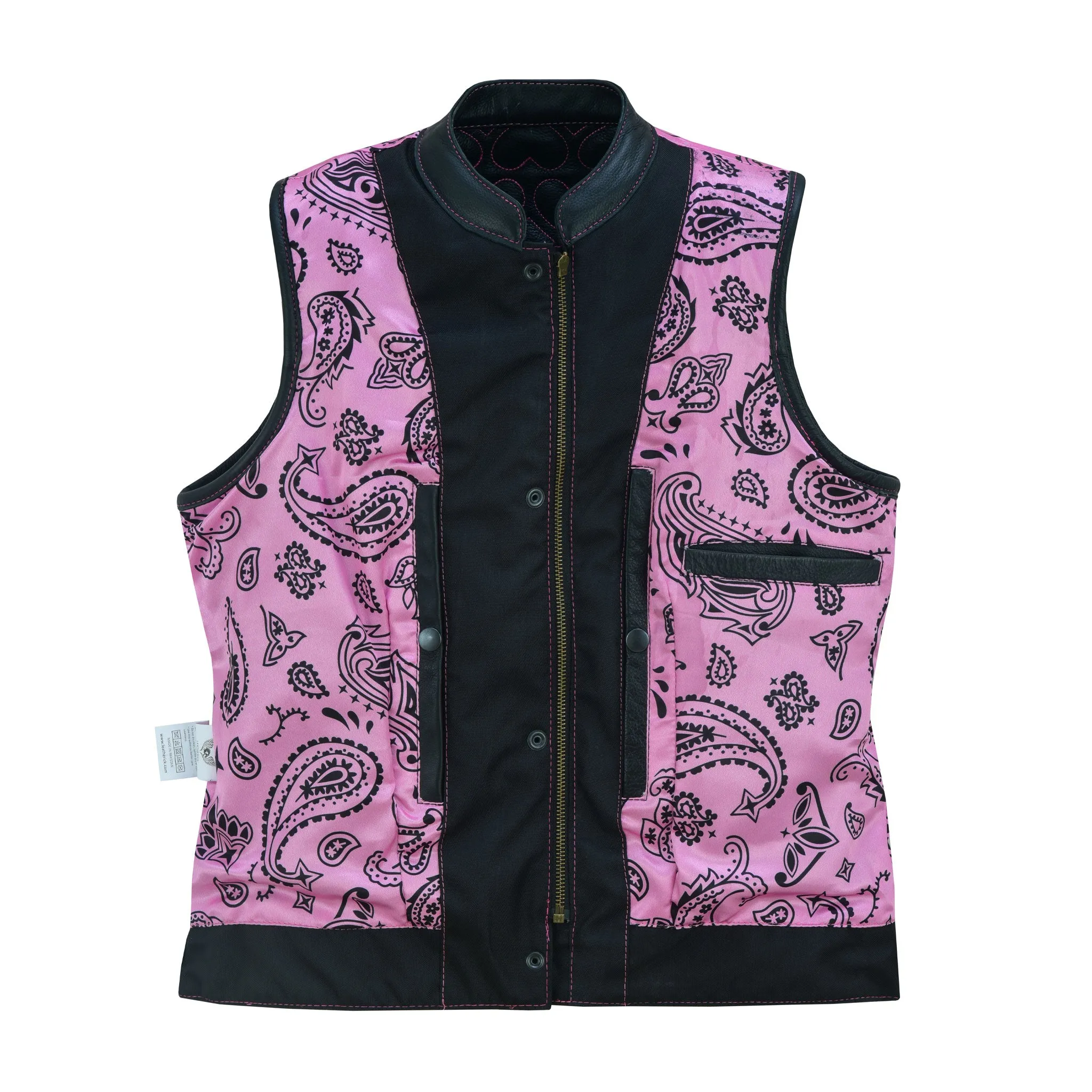 Leatherick Womens SOA club vest with Pink Heart Stitch