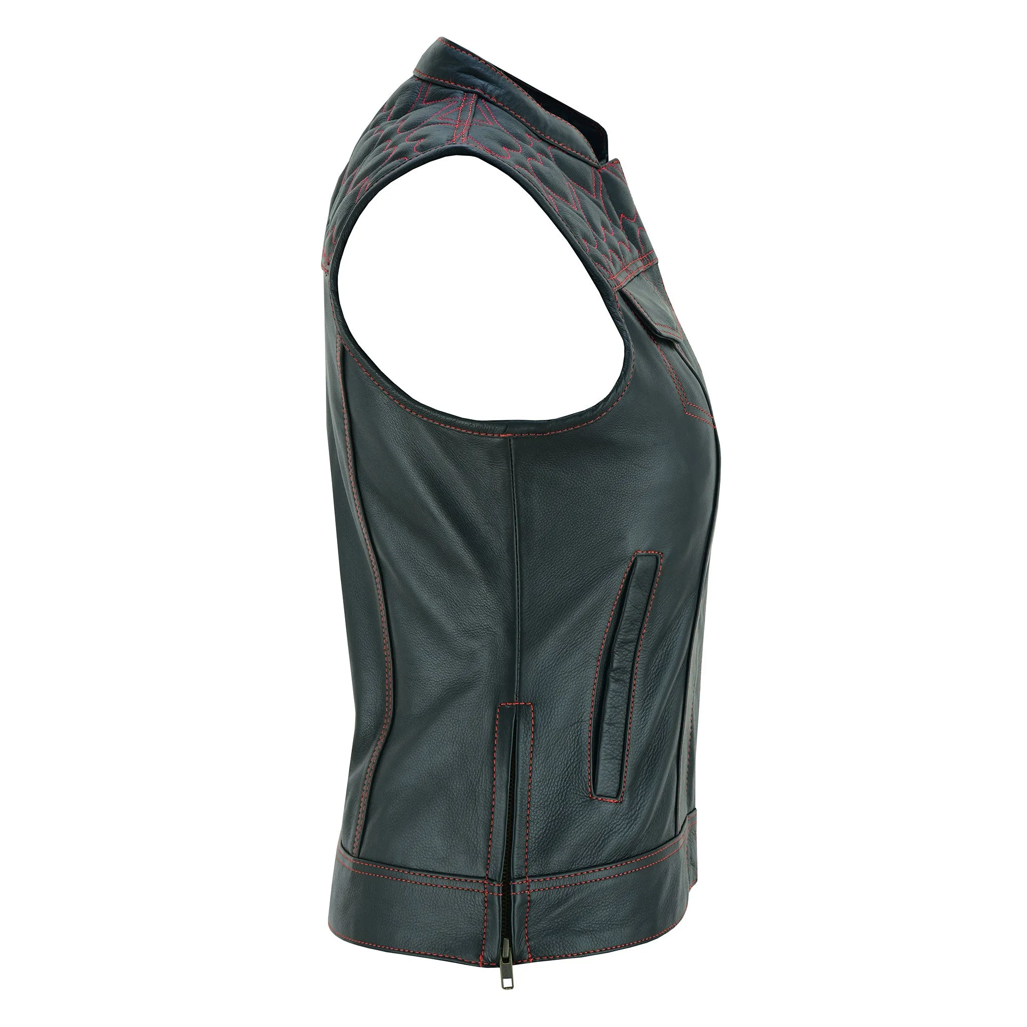 Leatherick Womens SOA club vest with Red Heart Stitch