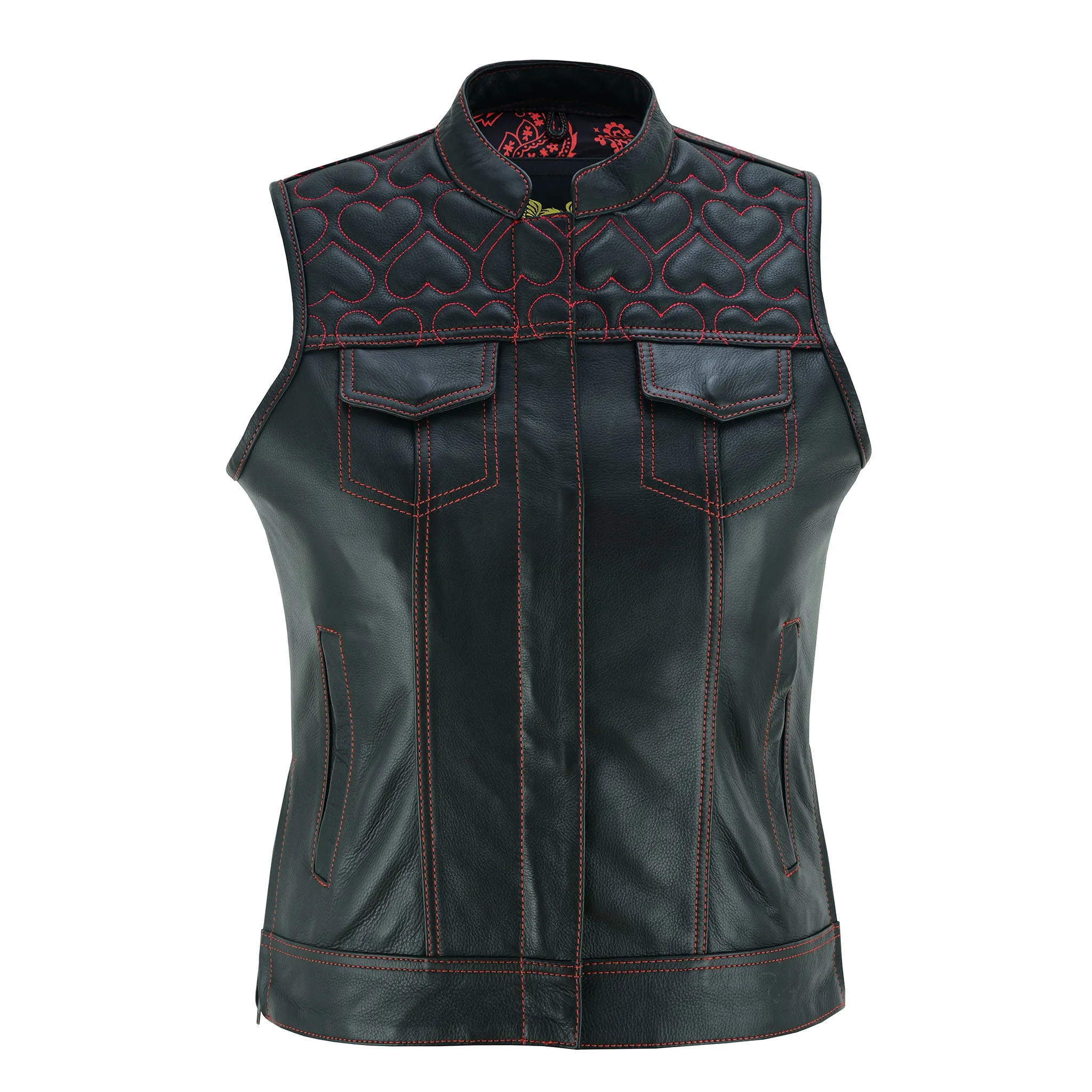 Leatherick Womens SOA club vest with Red Heart Stitch