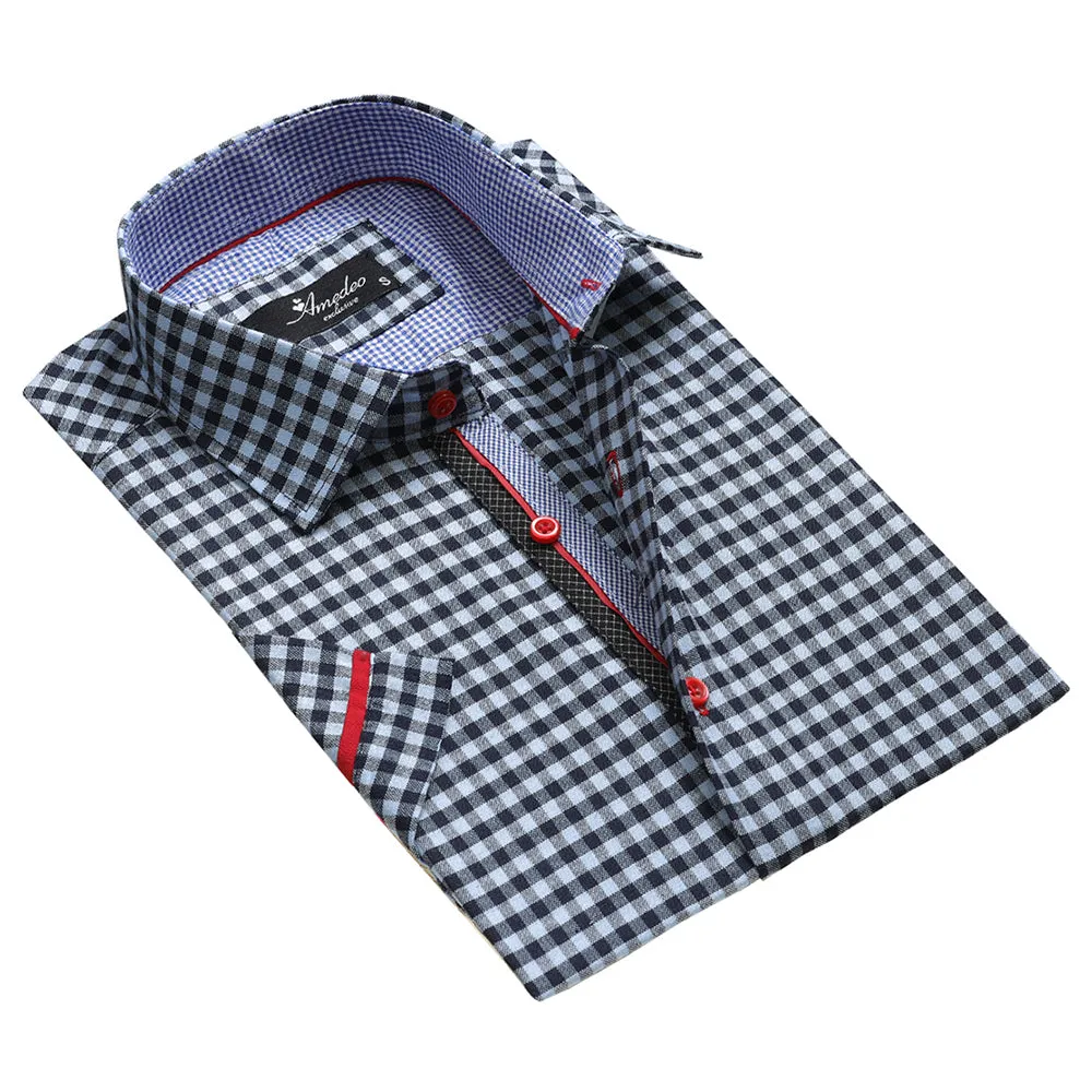 Light Blue Black Checkered Mens Short Sleeve Button up Shirts - Tailored Slim Fit Cotton Dress