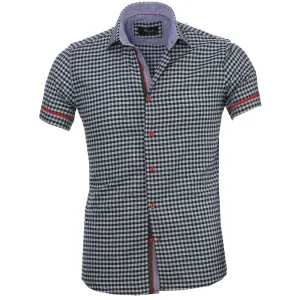 Light Blue Black Checkered Mens Short Sleeve Button up Shirts - Tailored Slim Fit Cotton Dress