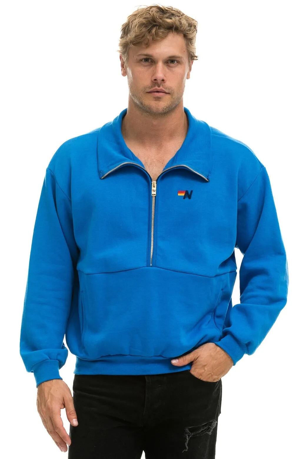 LOGO EMBROIDERY HALF ZIP SWEATSHIRT - OCEAN