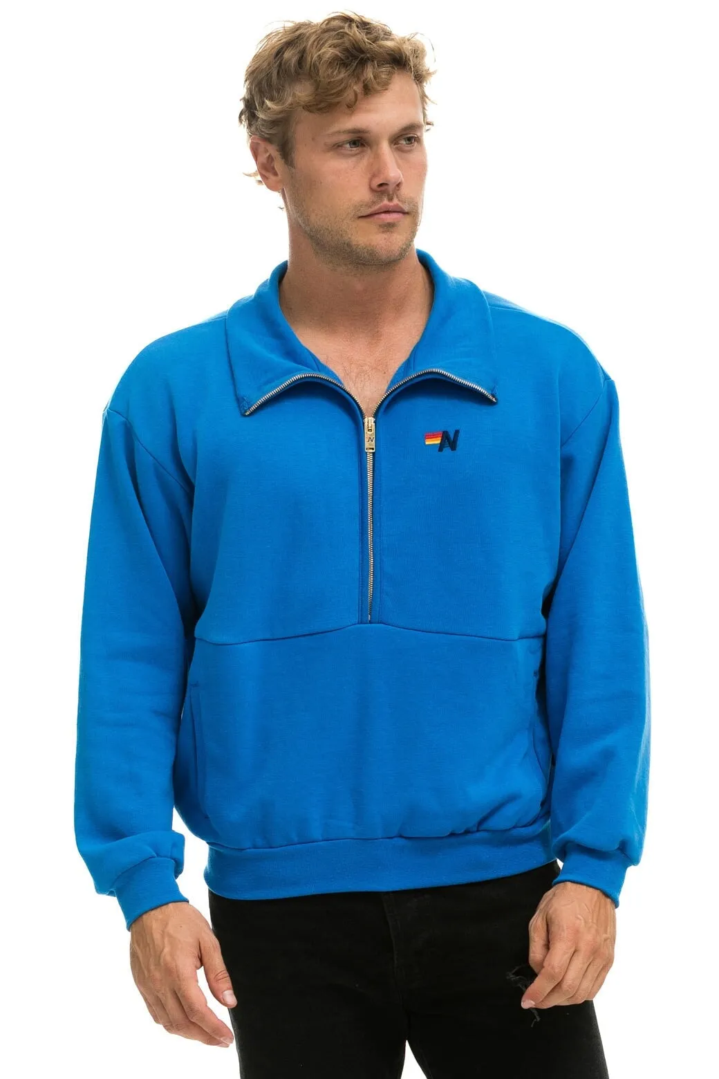 LOGO EMBROIDERY HALF ZIP SWEATSHIRT - OCEAN