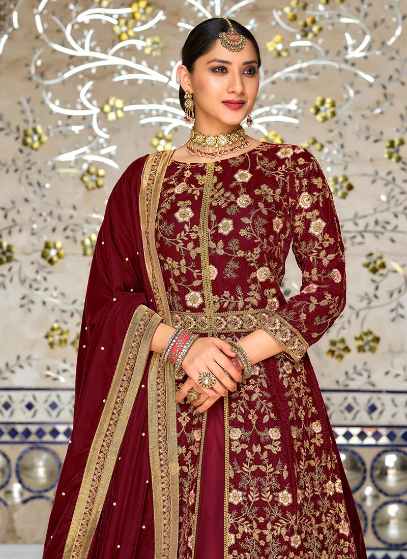Maroon Zari Embroidered Slit Style Wedding Lehenga