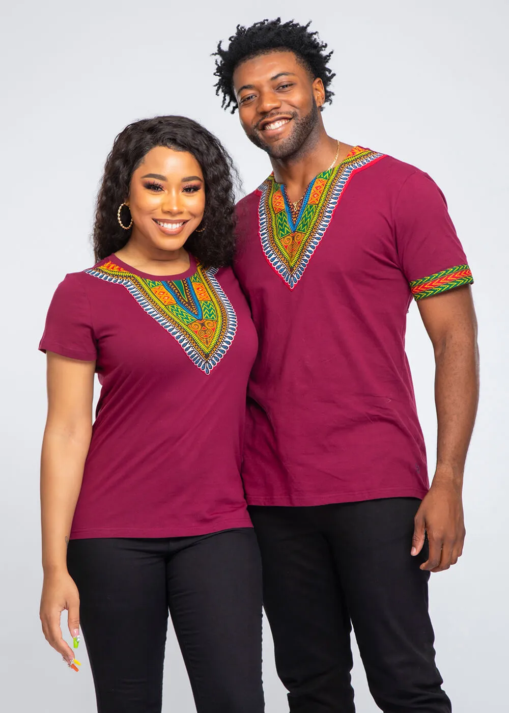 Men's African Print Dashiki T-Shirt (Deep Maroon)