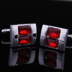 Men's Stainless Steel Silver Squares with Red Color Stone Cufflinks with Box