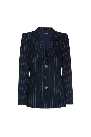 NAVY STRIPED FITTED STRETCH BLAZER
