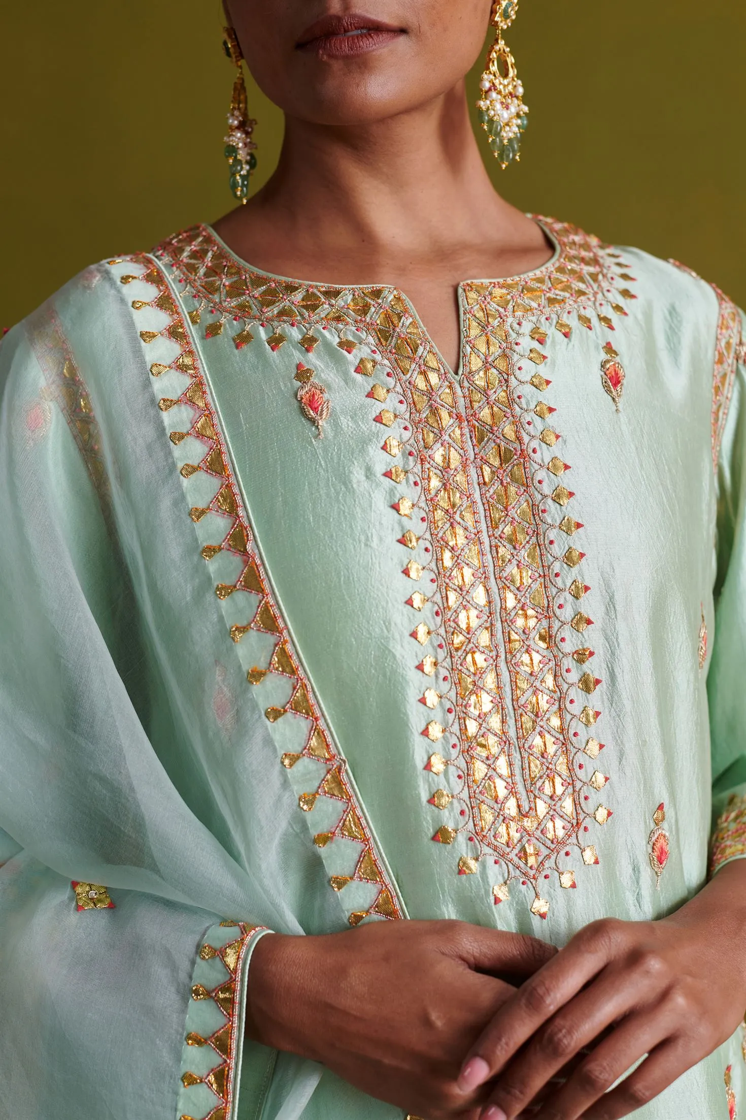 New Season Festive 2024-Coord Set-Kora Silk/Bamberg Satin/Organza 3pcs Light sage green-AS115-Fashion Wedding Edit Aarti Sethia