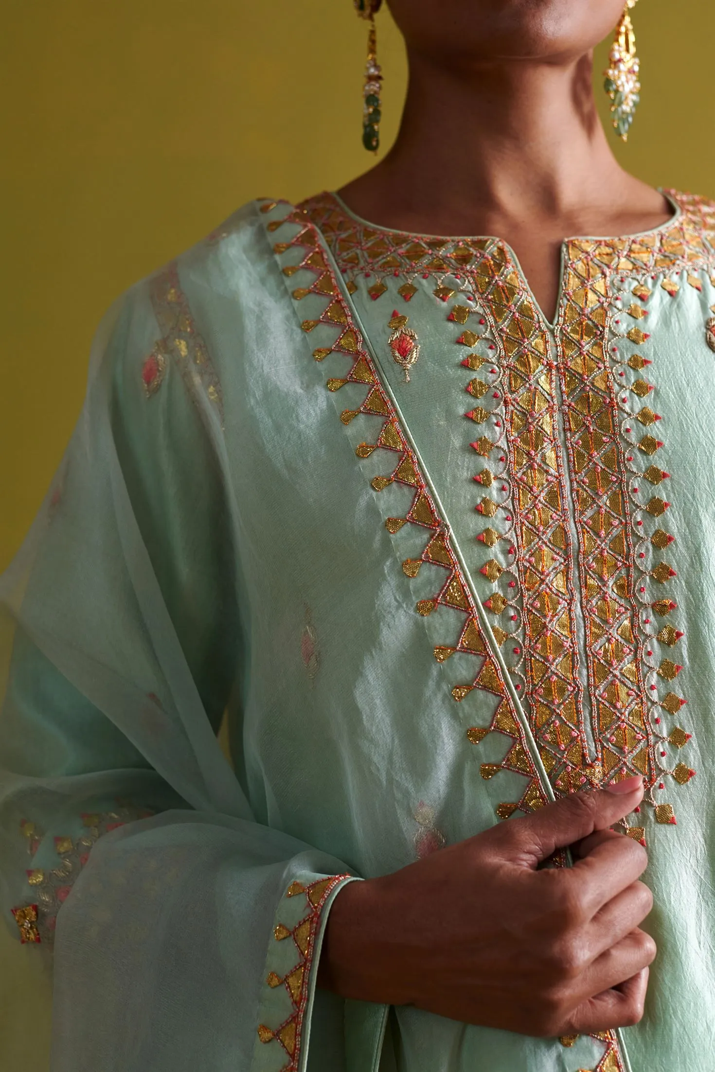New Season Festive 2024-Coord Set-Kora Silk/Bamberg Satin/Organza 3pcs Light sage green-AS115-Fashion Wedding Edit Aarti Sethia