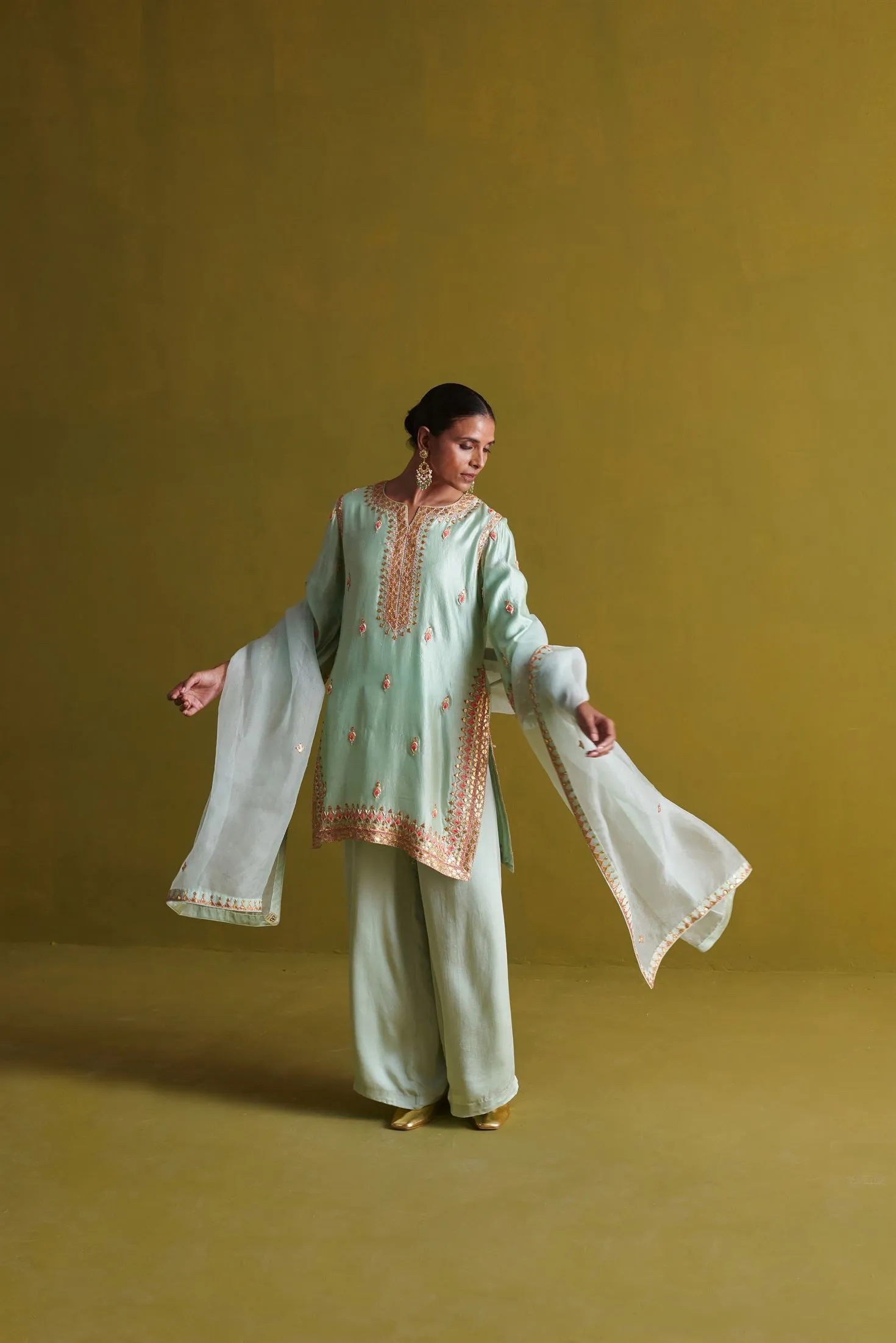 New Season Festive 2024-Coord Set-Kora Silk/Bamberg Satin/Organza 3pcs Light sage green-AS115-Fashion Wedding Edit Aarti Sethia
