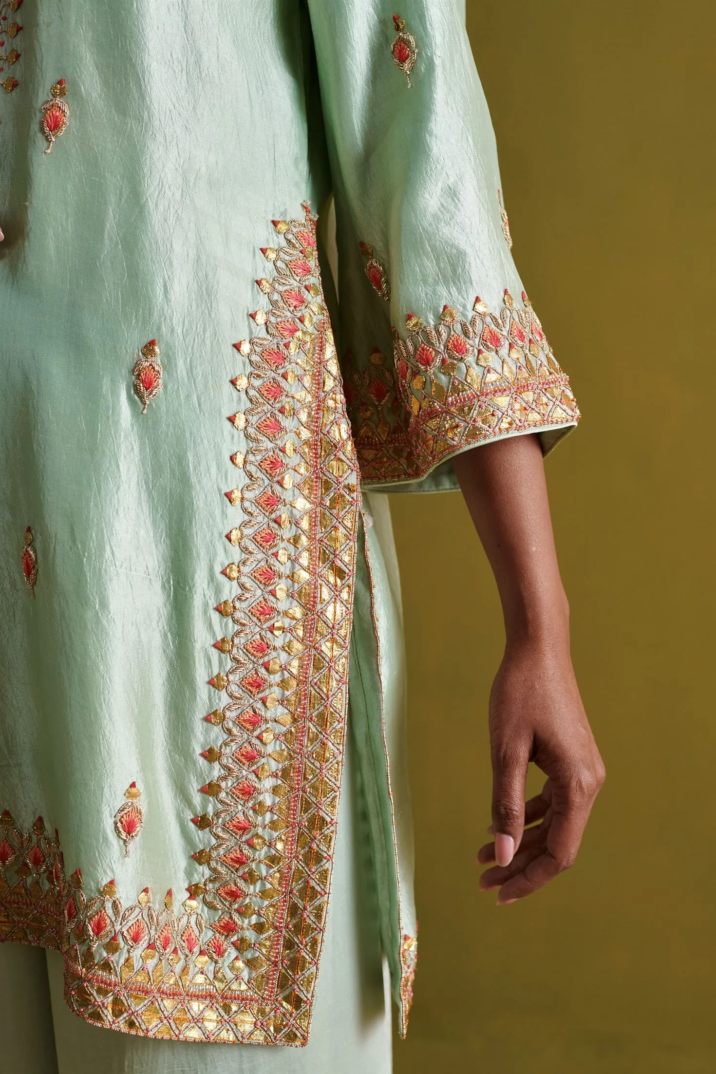 New Season Festive 2024-Coord Set-Kora Silk/Bamberg Satin/Organza 3pcs Light sage green-AS115-Fashion Wedding Edit Aarti Sethia