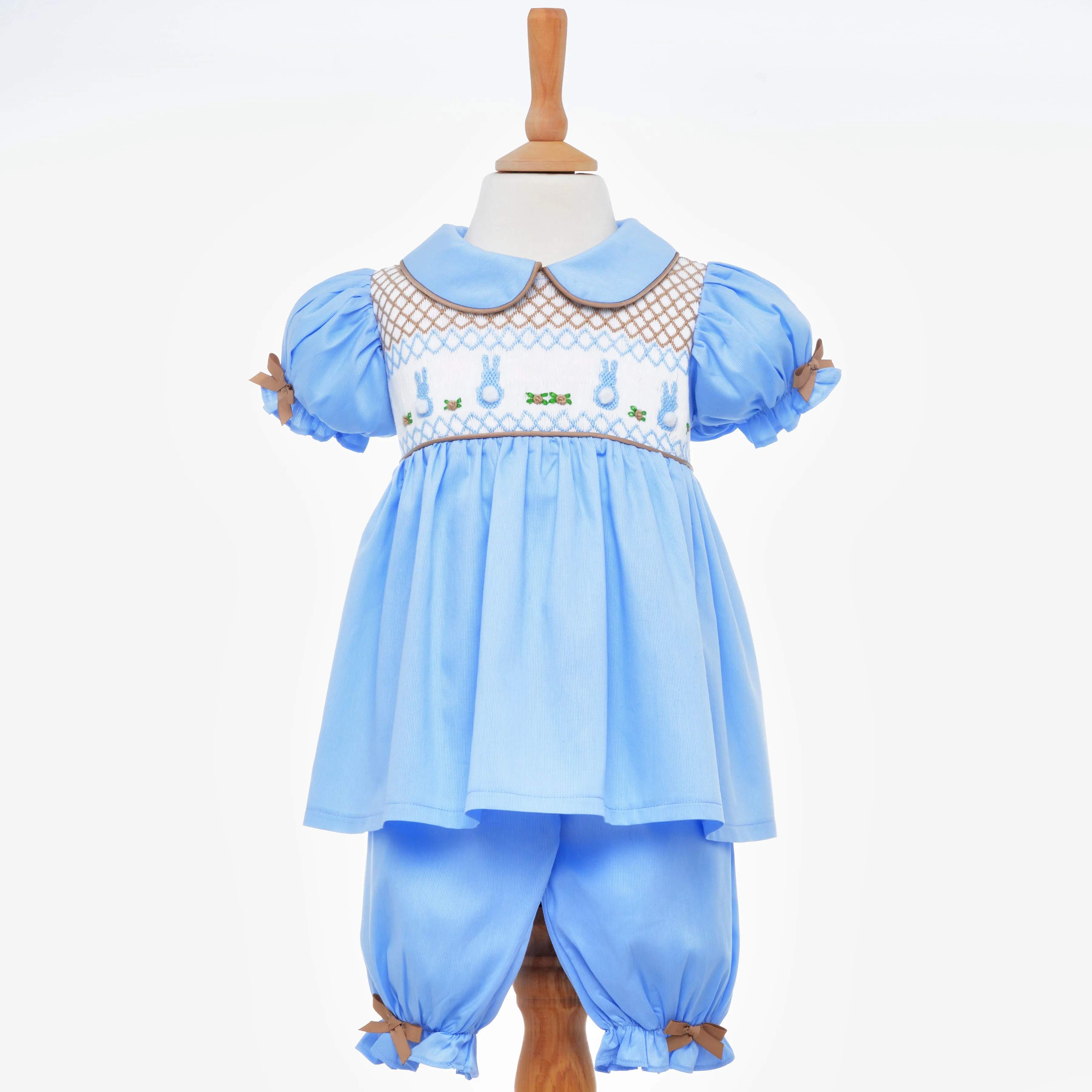 Ocean Baby Girls Blue Smocked Bunny Themed Pyjamas (3M-6Yrs) Pjs