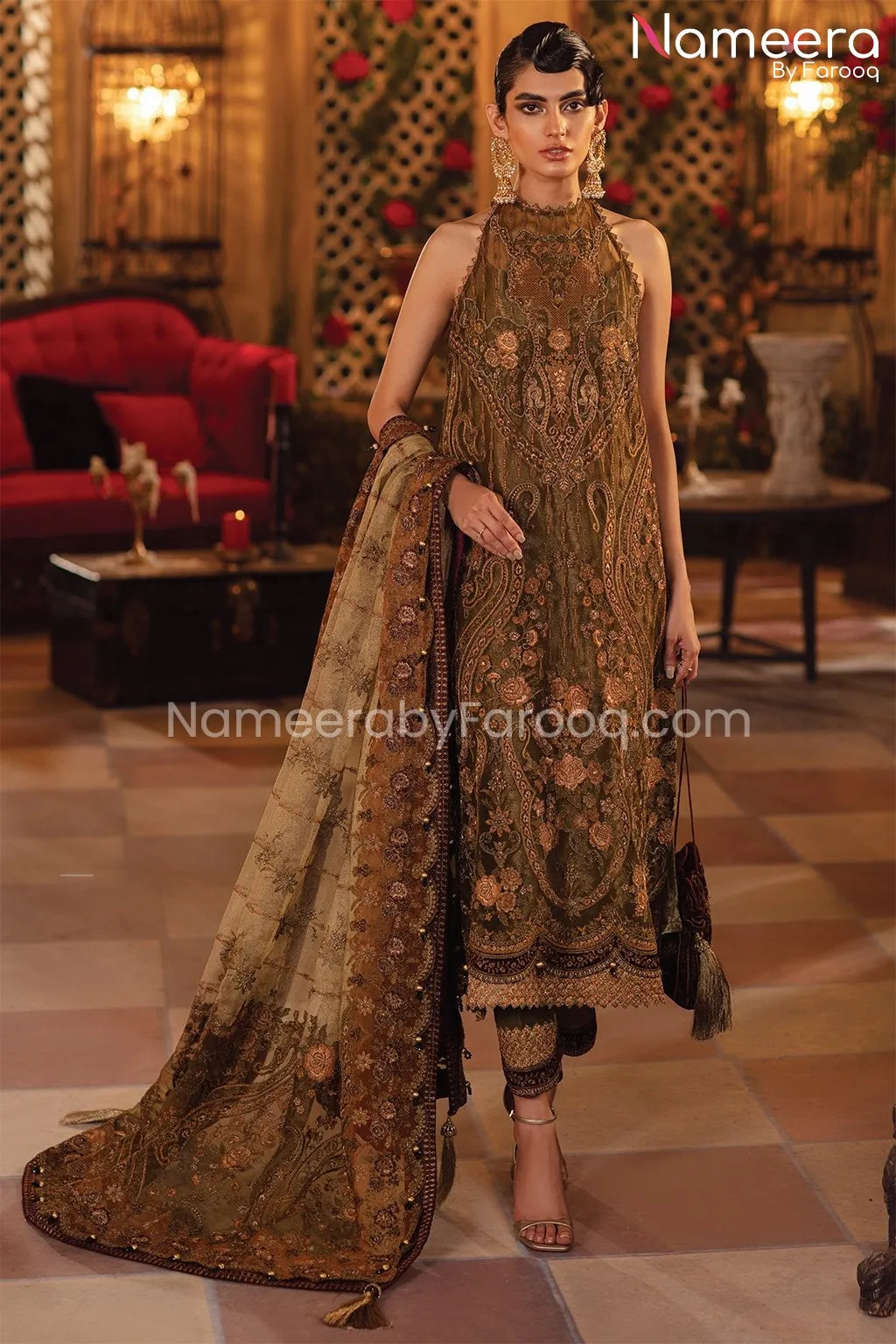 Pakistani Gharara Dress in Olive Green Shade #PF197