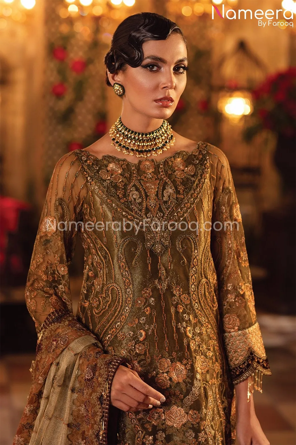 Pakistani Gharara Dress in Olive Green Shade #PF197