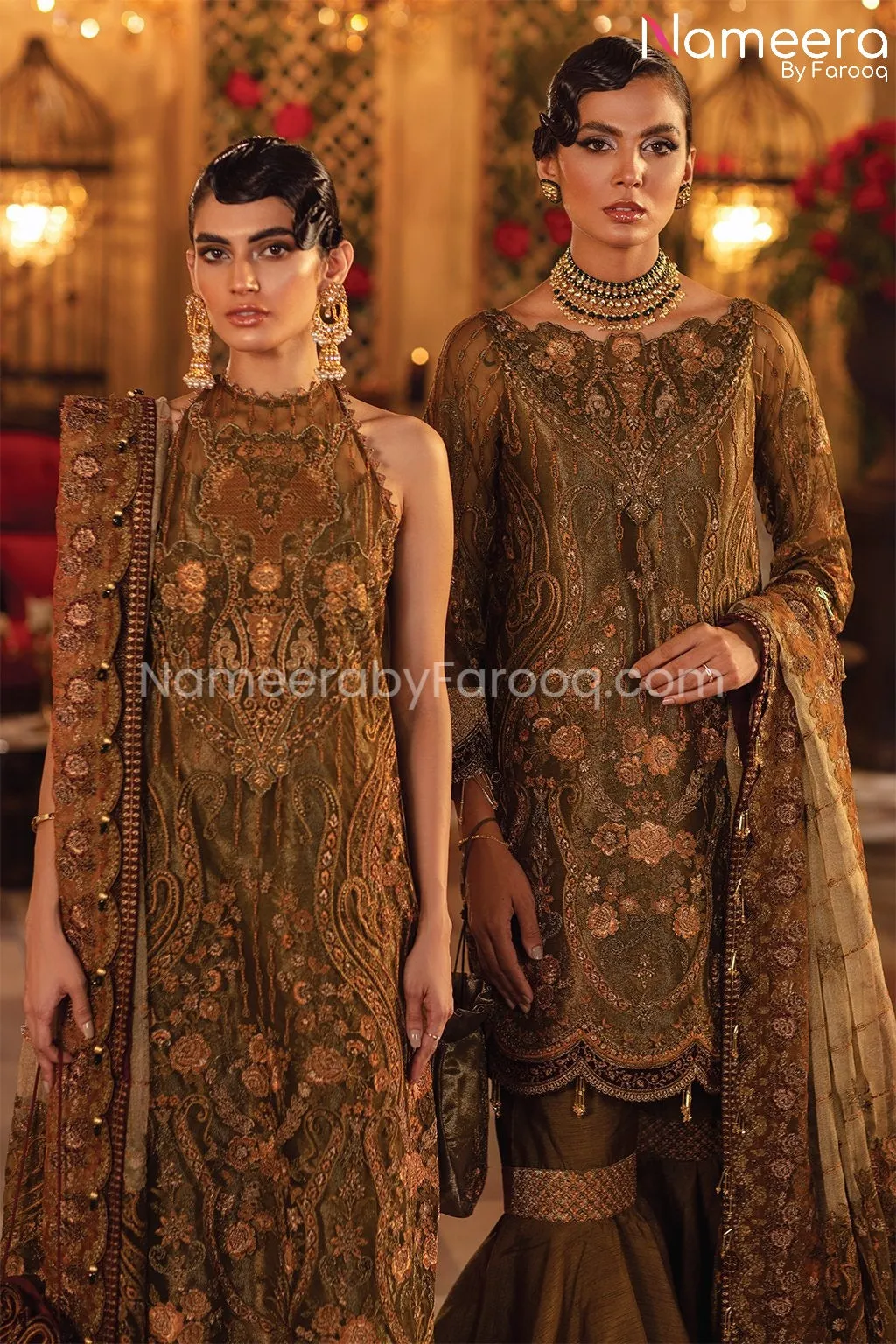 Pakistani Gharara Dress in Olive Green Shade #PF197