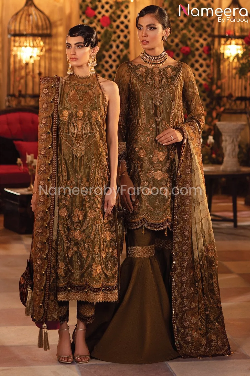Pakistani Gharara Dress in Olive Green Shade #PF197