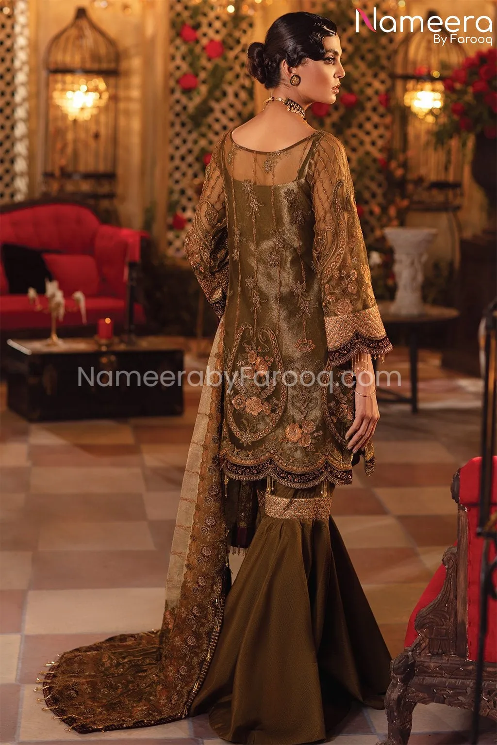 Pakistani Gharara Dress in Olive Green Shade #PF197