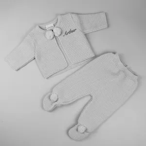 Personalised knitted baby outfit - Pom Jacket and Trousers