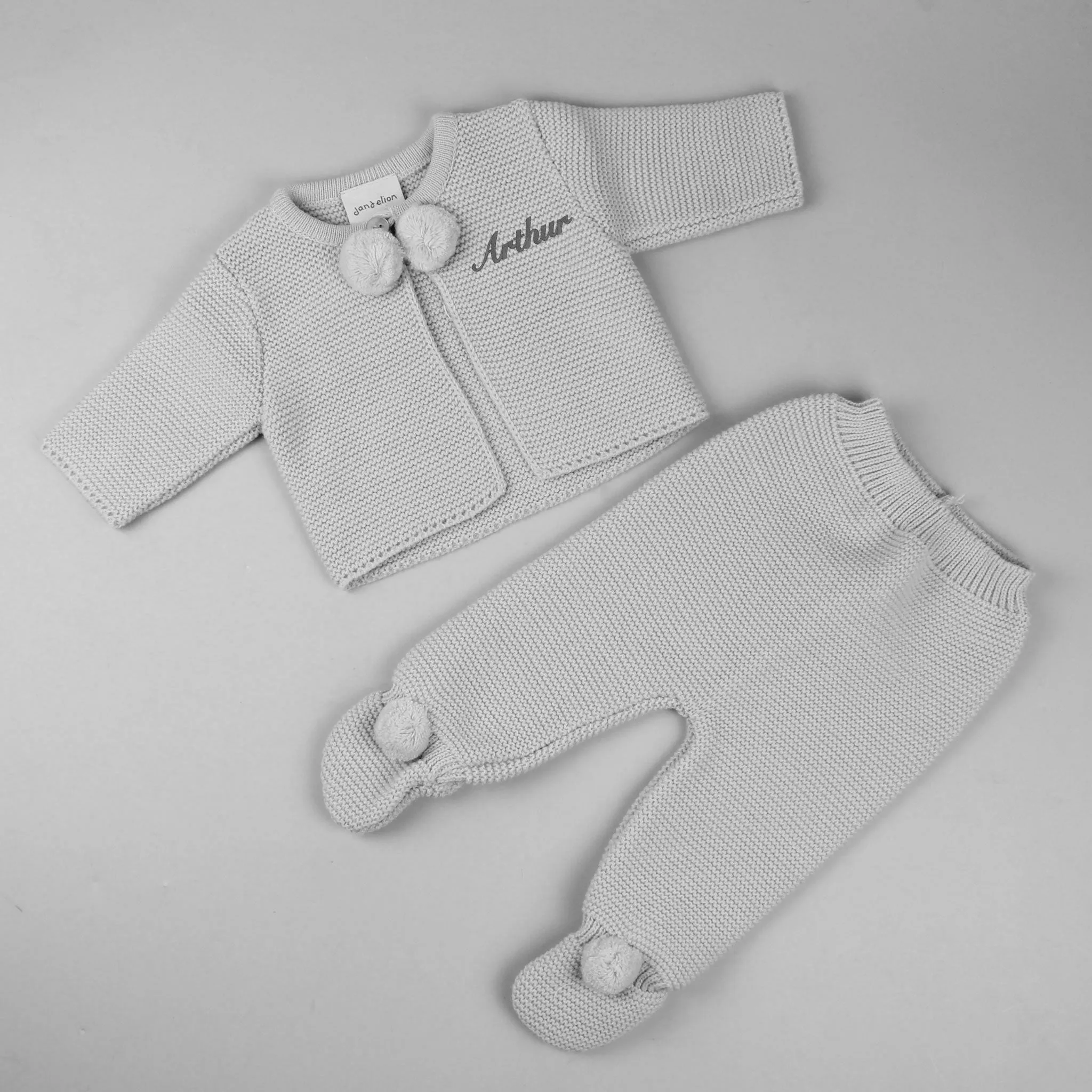 Personalised knitted baby outfit - Pom Jacket and Trousers