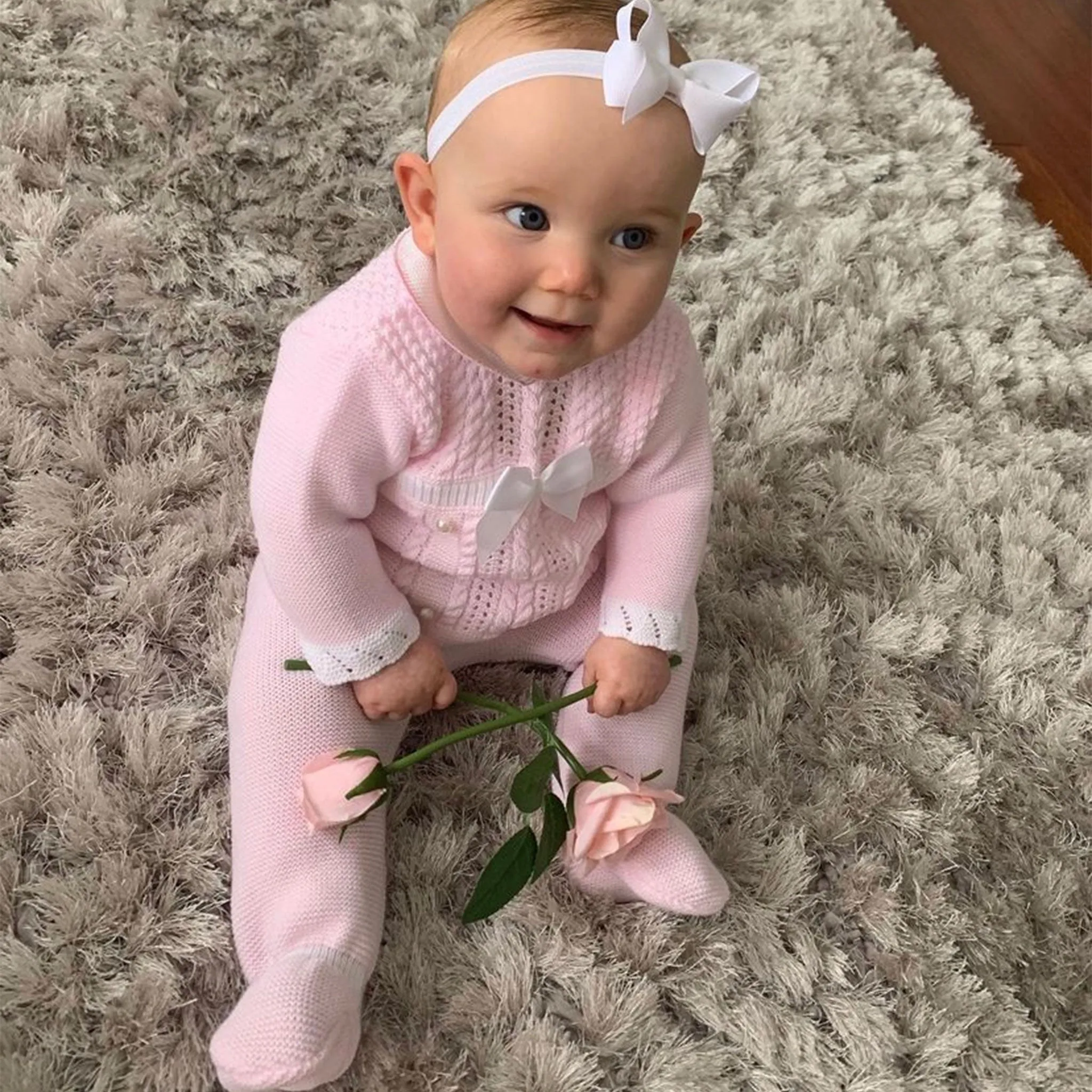 Pink Knitted Three Piece Outfit with Bonnet