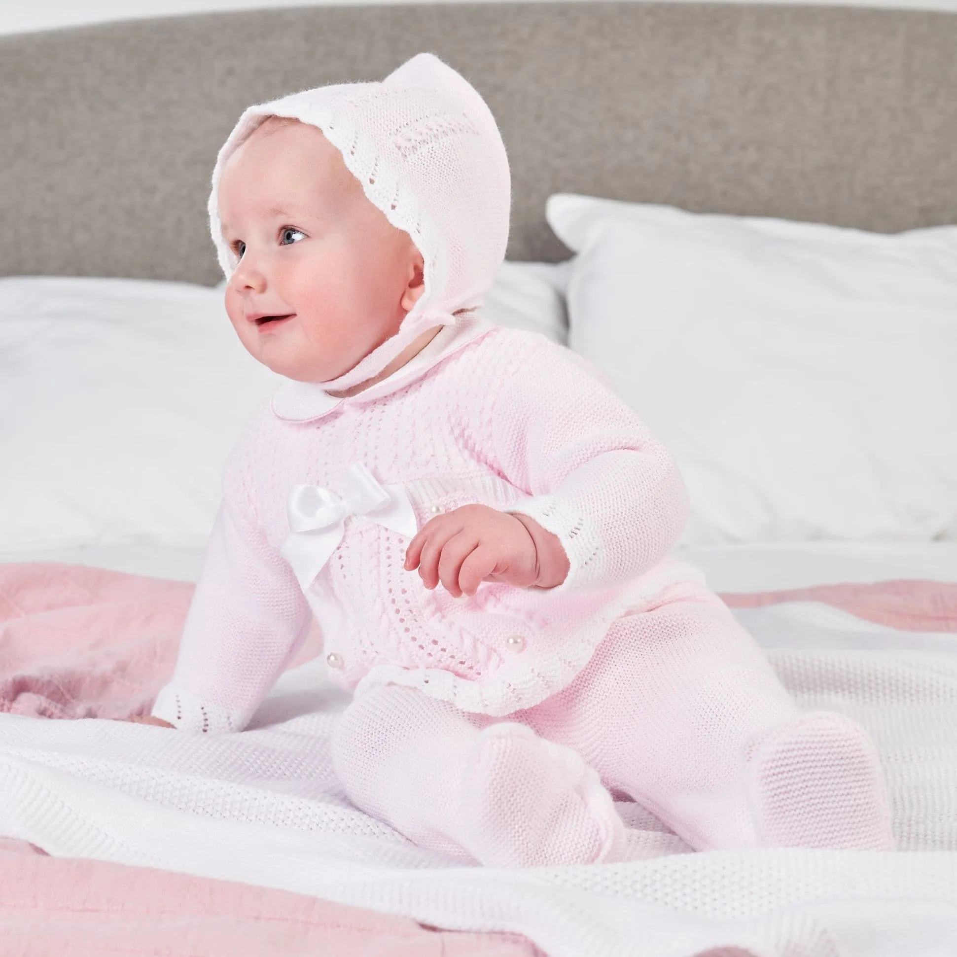 Pink Knitted Three Piece Outfit with Bonnet