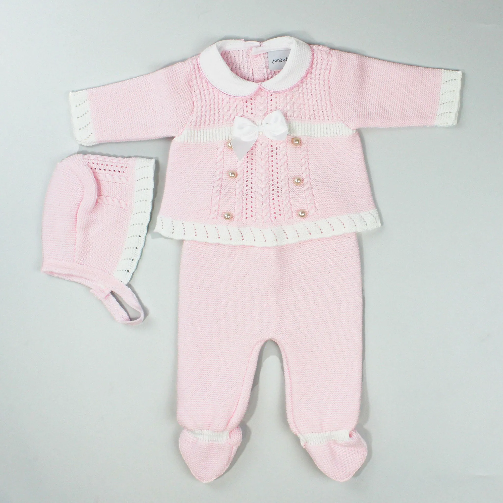 Pink Knitted Three Piece Outfit with Bonnet