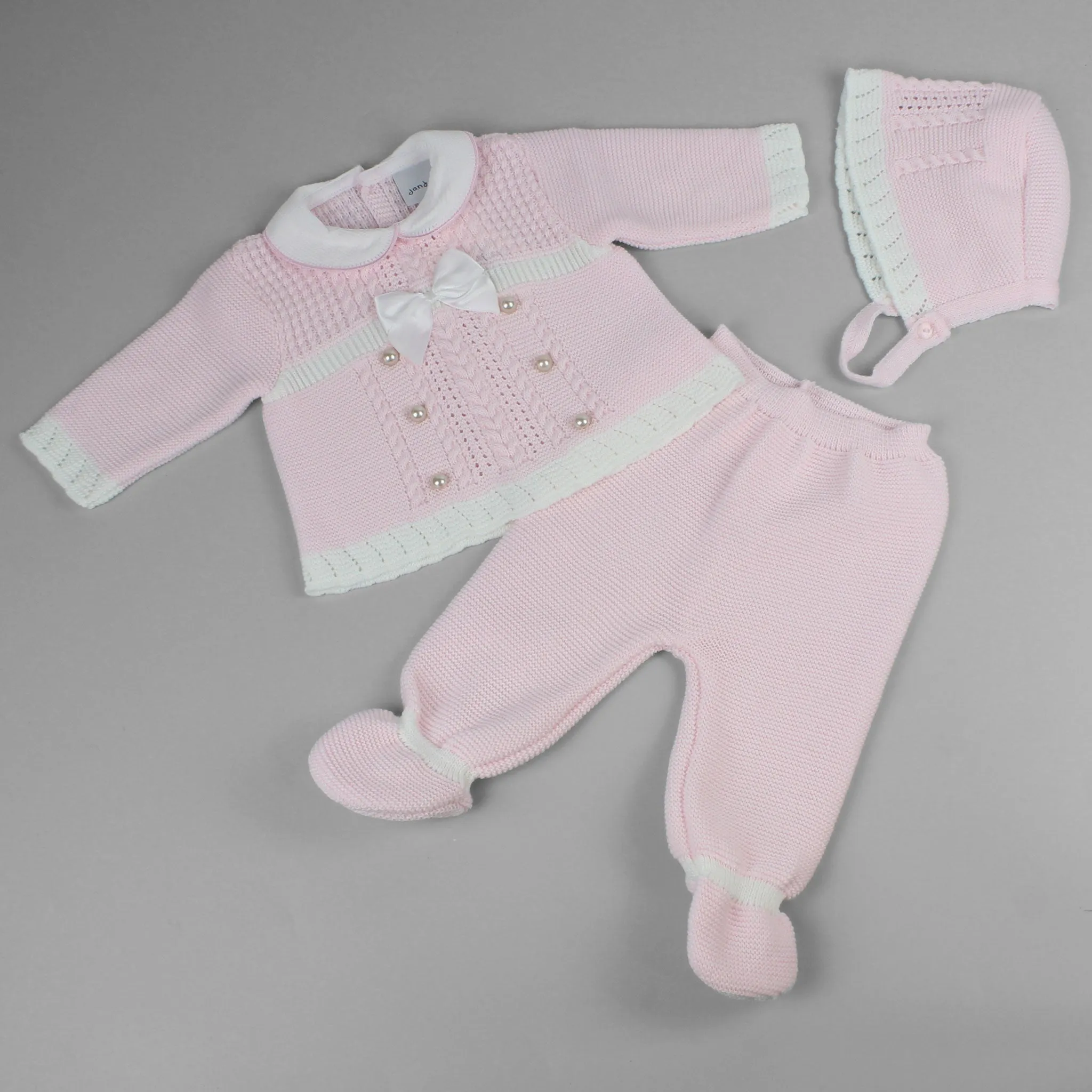 Pink Knitted Three Piece Outfit with Bonnet