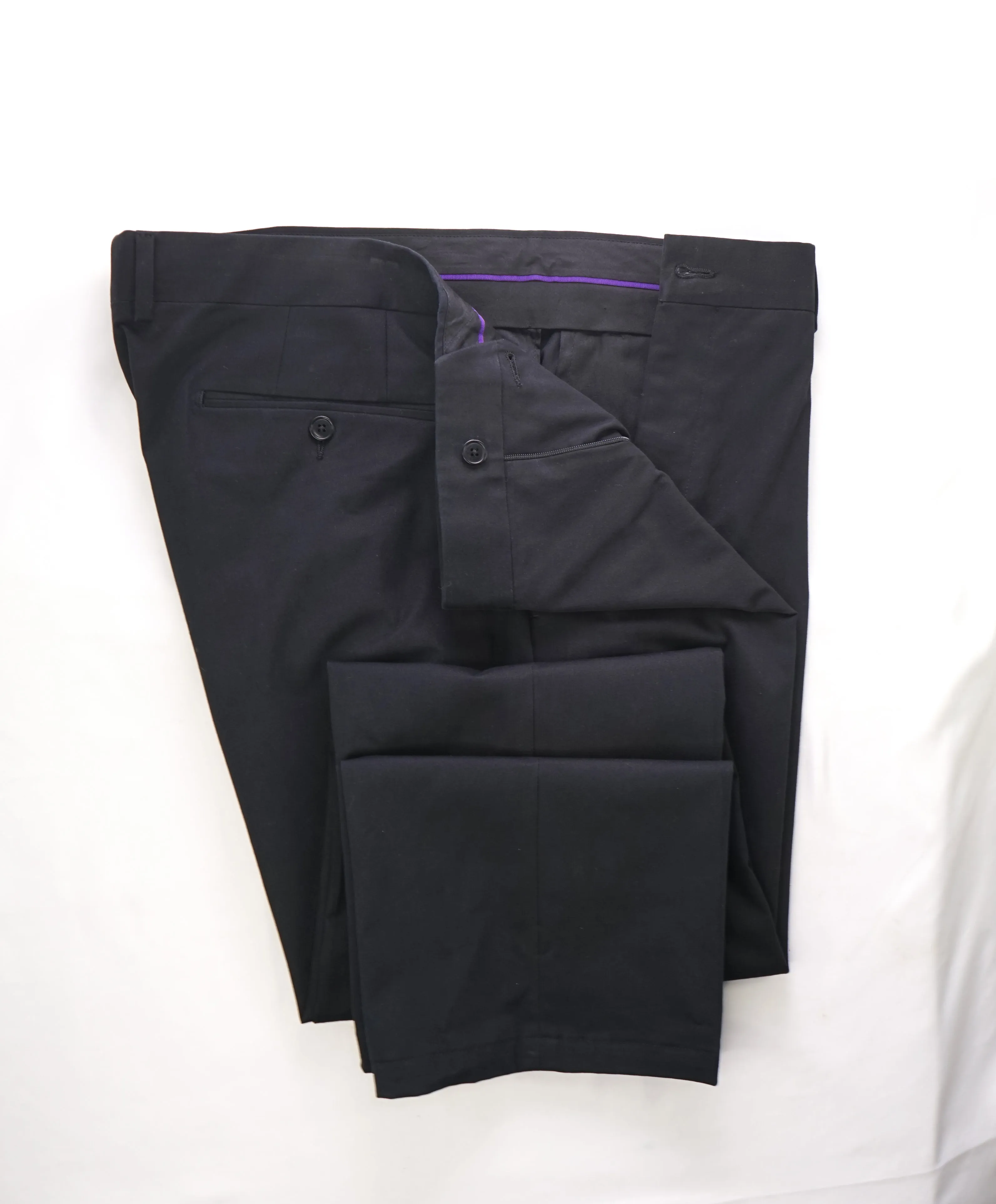 RALPH LAUREN PURPLE LABEL - Black Cotton/Elastane Flat Front Pants - 38W 32L