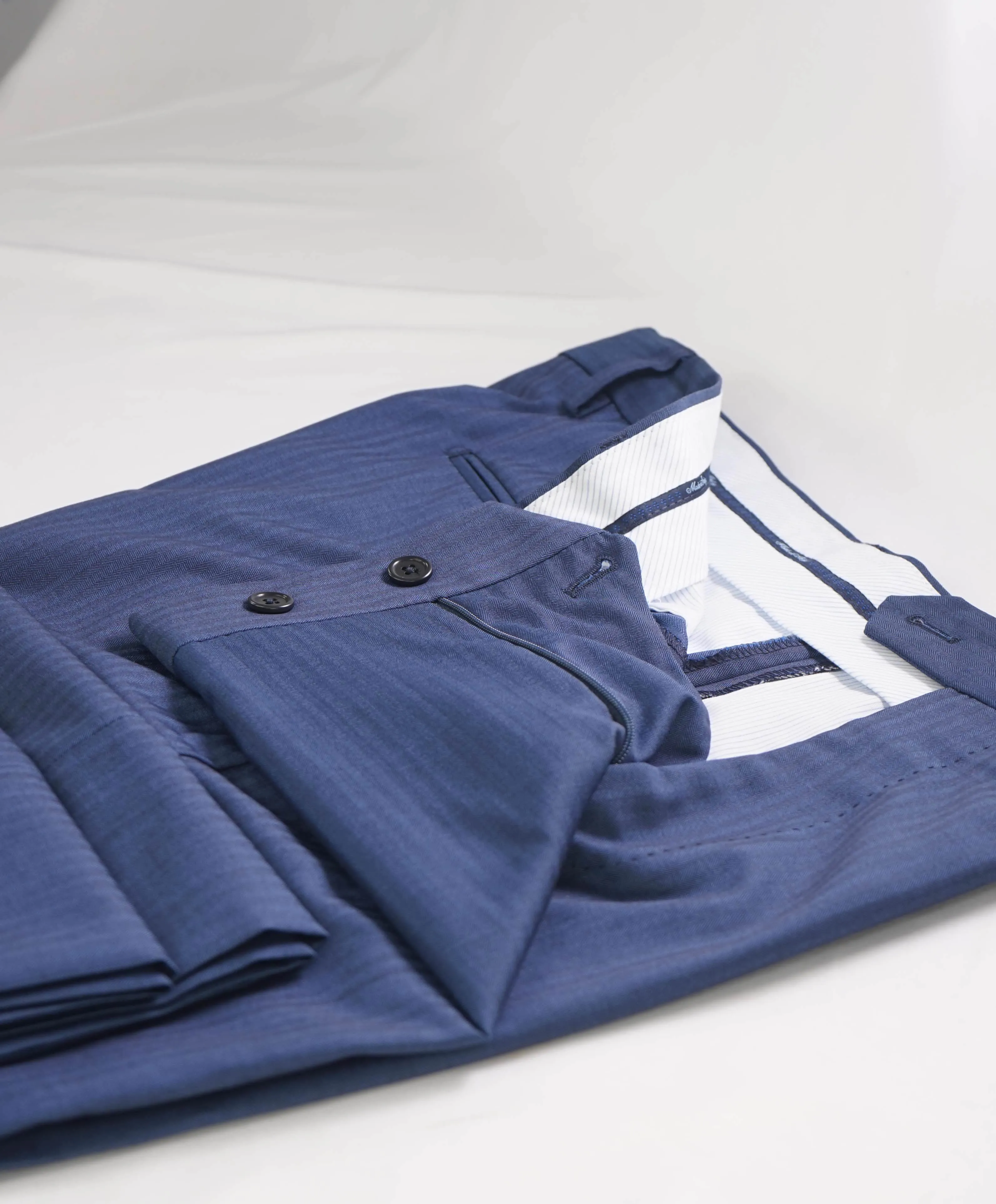 SAKS FIFTH AVE - Blue SLIM Herringbone WOOL/SILK MADE IN ITALY Flat Front Dress Pants - 34W