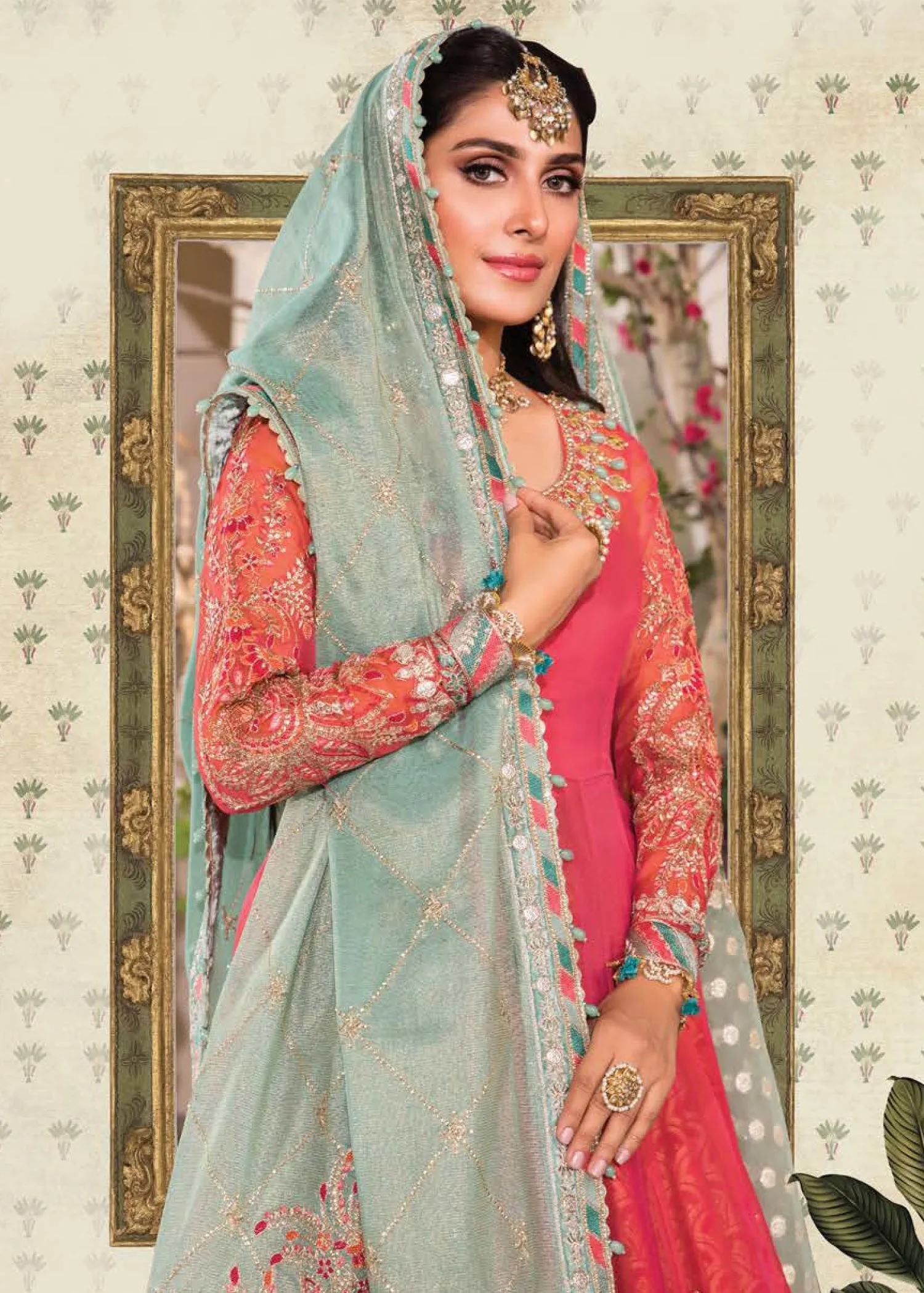 Salmon Pink and Feroza (BD-2402) | Maria B Mbroidered Heritage Edition 2022 | Unstitched Embroidered Organza Suits