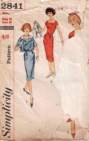 Simplicity 2841 Womens Square Neck Sheath Dress & Jacket with Detachable Collar 1950s Vintage Sewing Pattern Size 16 Bust 36 inches