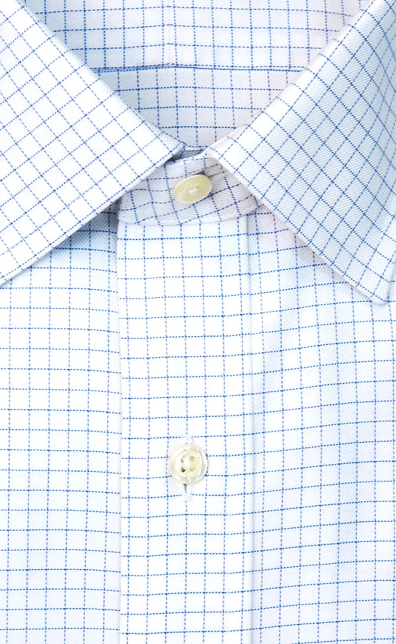 Slim Fit White Ground Blue twill Check Spread Collar Supima® Cotton Non-Iron Dress Shirt