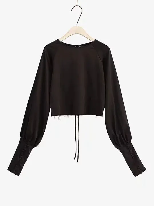 Spring Women's New Hem Women's Blouse Retro Court Wind Bubble Sleeve French Shirt