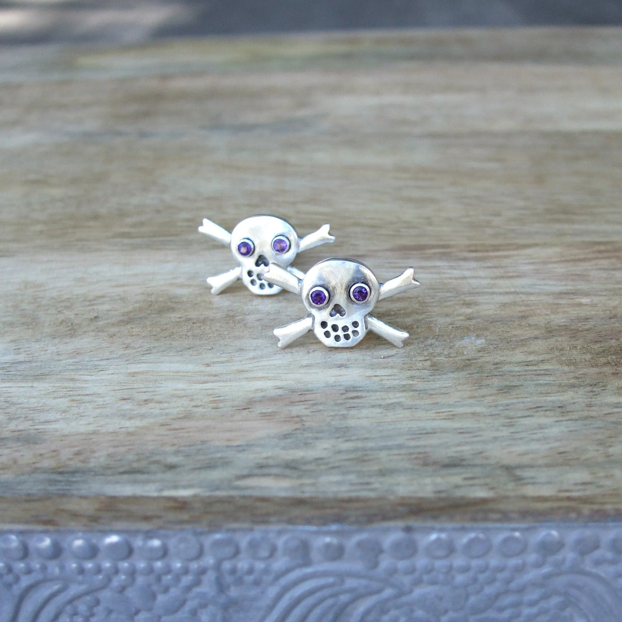 Sterling Silver Skull and Crossbone Cufflinks with Semi-Precious/Precious Gemstone Eyes