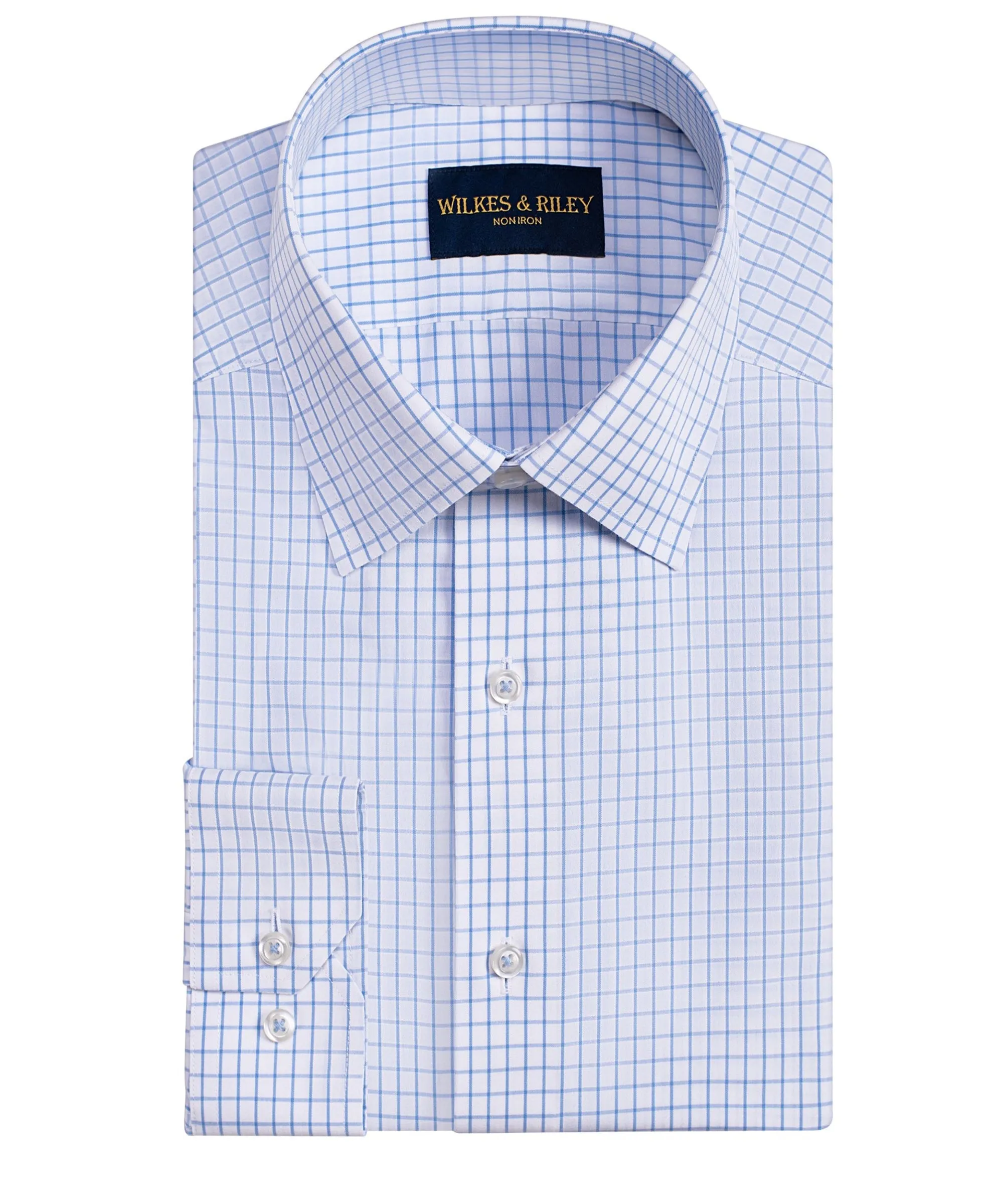 Tailored Fit Blue Large Check Spread Collar Non-Iron Broadcloth Dress Shirt