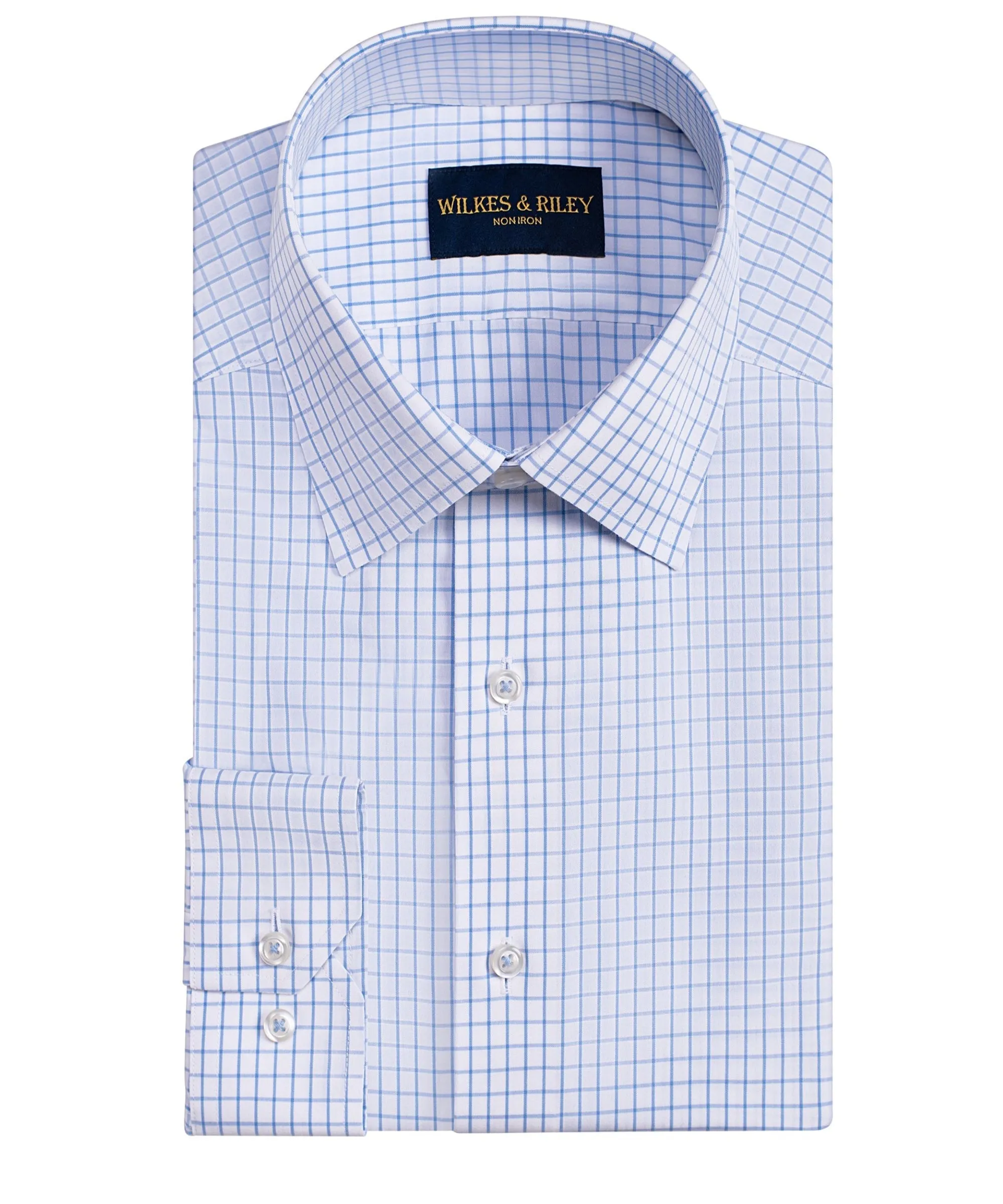 Tailored Fit Blue Large Check Spread Collar Non-Iron Broadcloth Dress Shirt