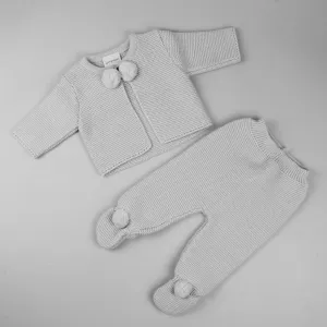 Traditional knitted baby outfit - Baby pram set in Silver Grey