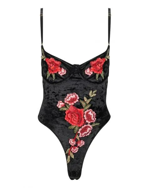Underwire Bodysuit - Black Embroidered Appliques -