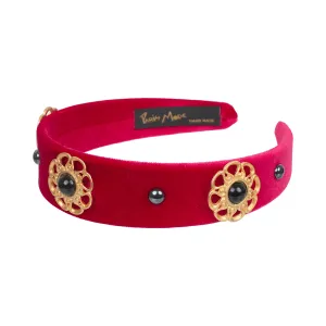 Velvet Metal Embellished 3 cm Flat Red Headband