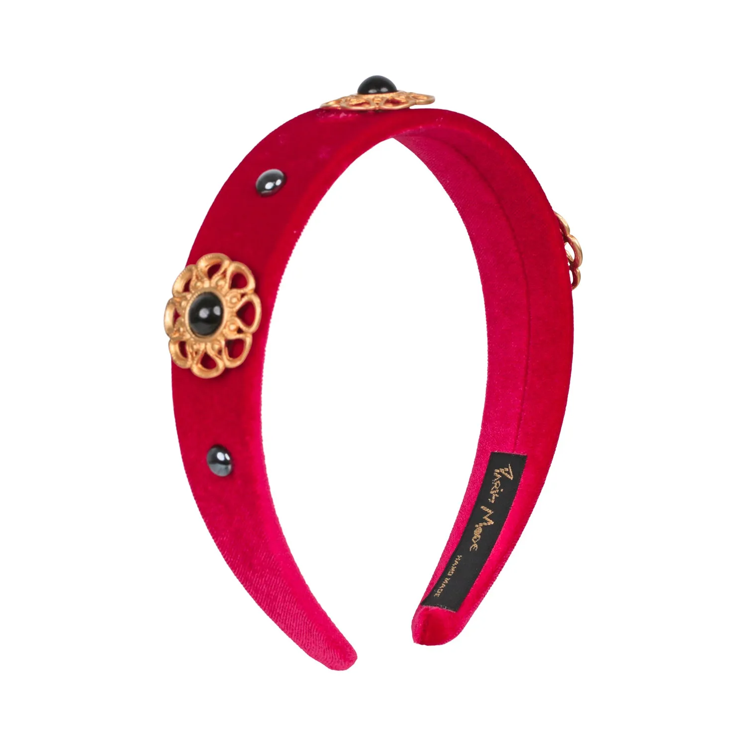 Velvet Metal Embellished 3 cm Flat Red Headband