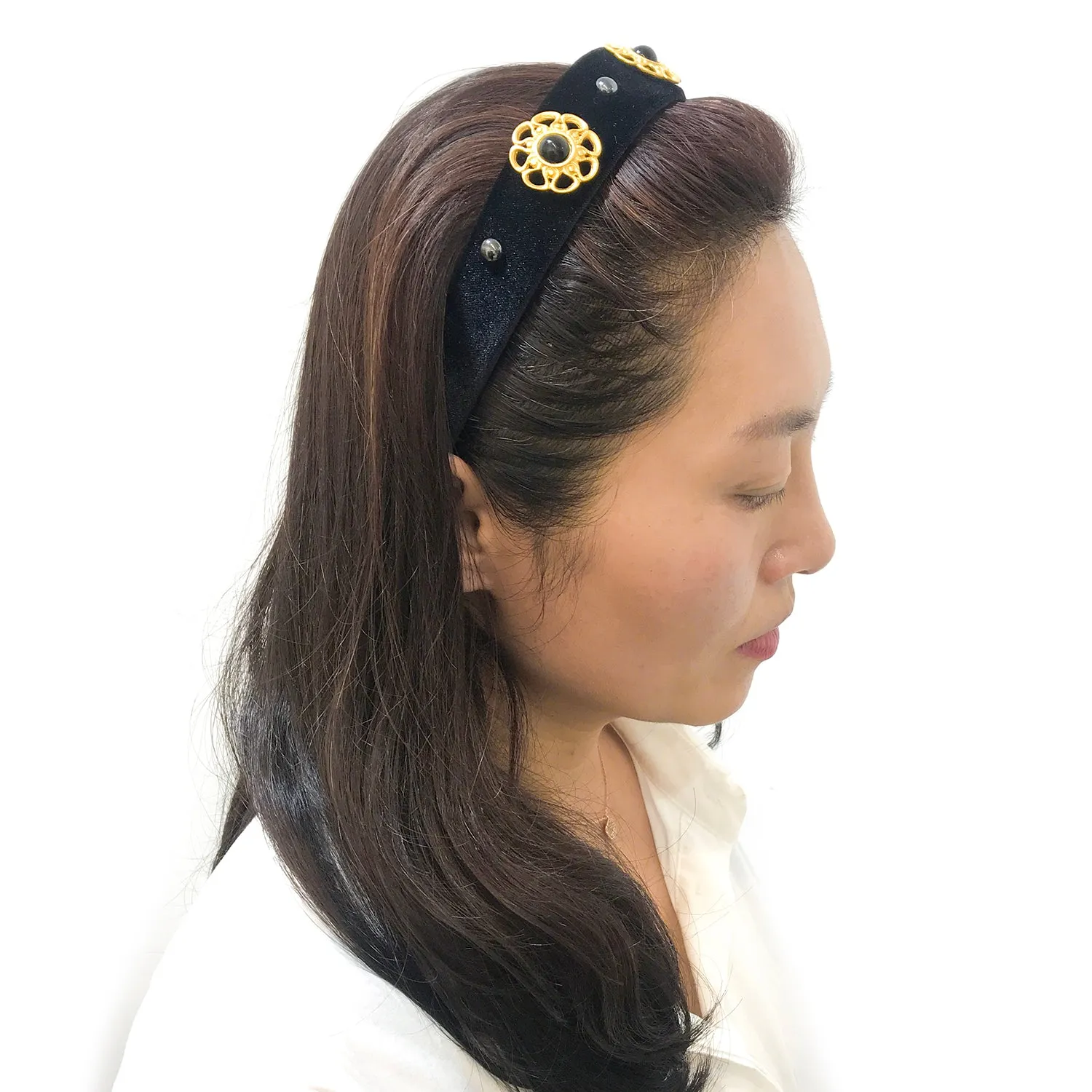Velvet Metal Embellished 3 cm Flat Red Headband