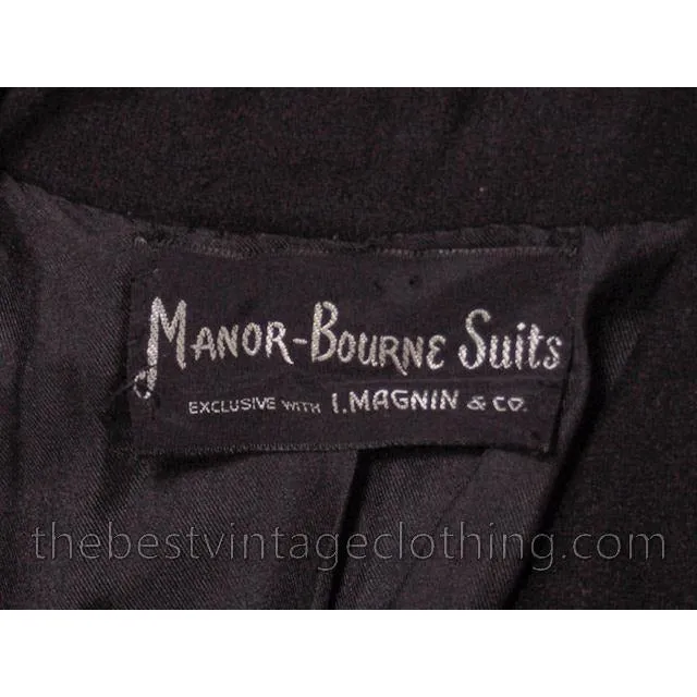 Vintage 1950s Womens Blazer Jacket Black Wool  Manor-Bourne M  I.Magnin