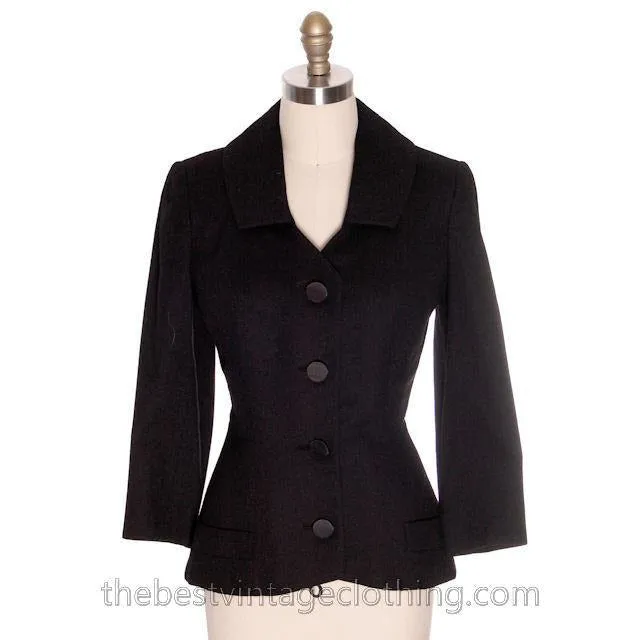 Vintage 1950s Womens Blazer Jacket Black Wool  Manor-Bourne M  I.Magnin