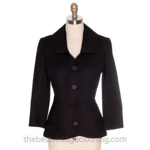 Vintage 1950s Womens Blazer Jacket Black Wool  Manor-Bourne M  I.Magnin