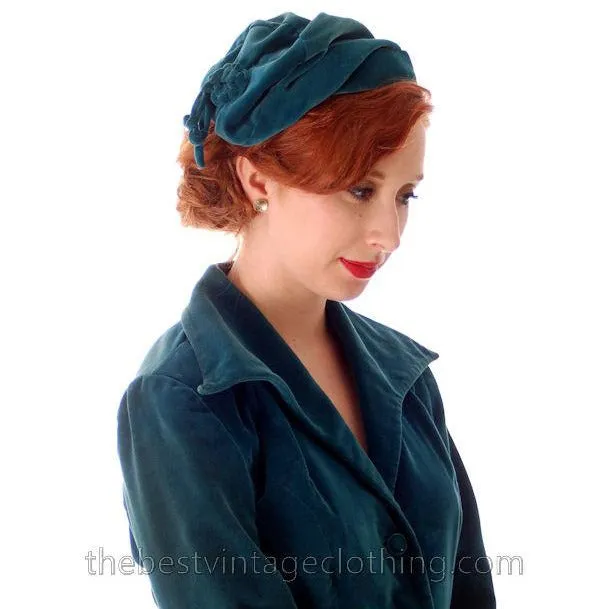 Vintage Teal Velvet Ladies 1950s Suit Plus Matching Hat 36-26-37